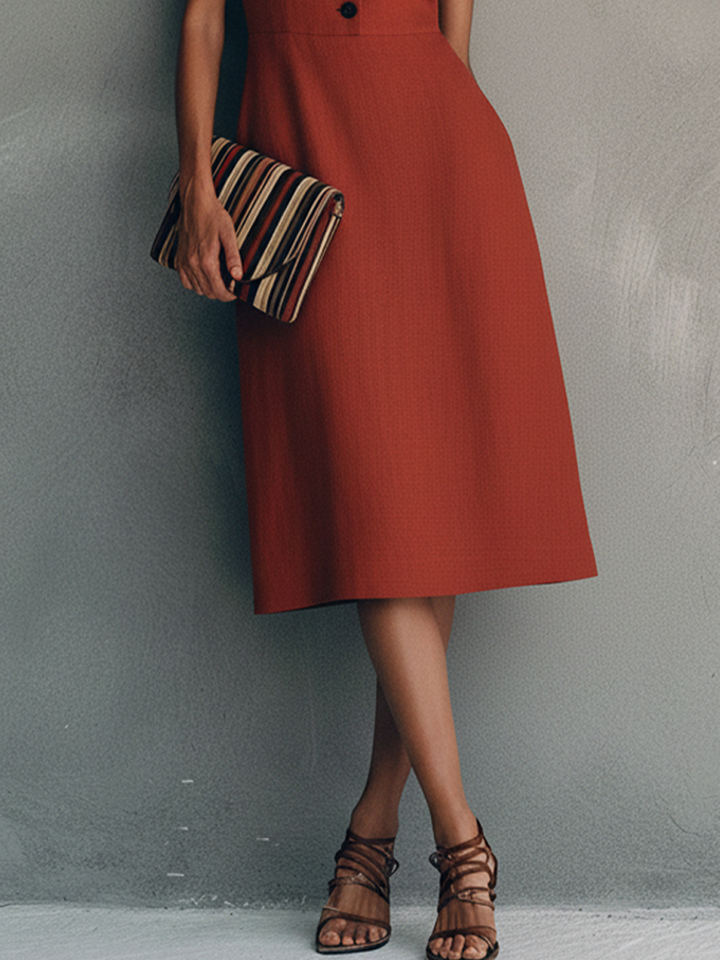 Women's Elegant Red Cotton Linen V-Neck Ruffled Sleeveless Midi Dress With Front Button Design MDZ2413D1GMJ