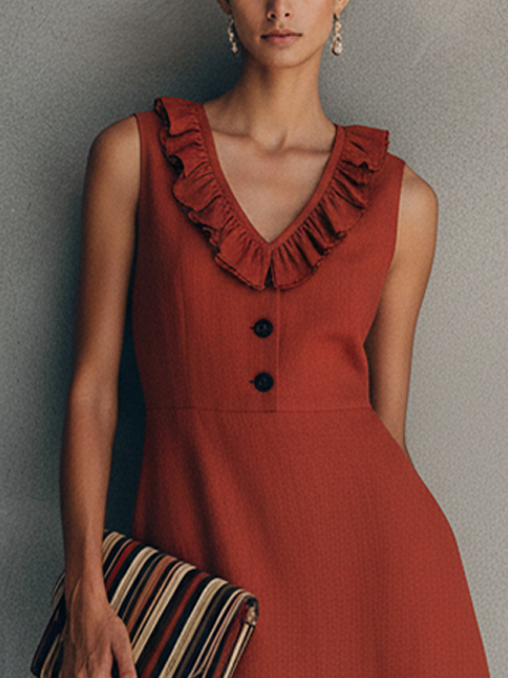 Women's Elegant Red Cotton Linen V-Neck Ruffled Sleeveless Midi Dress With Front Button Design MDZ2413D1GMJ