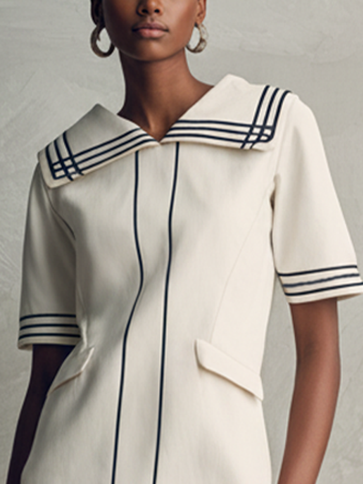 Women's Fashionable White Cotton Blend Color-Blocked Ribbon Collar Short-Sleeved Dress MDZ2438D4GMJ
