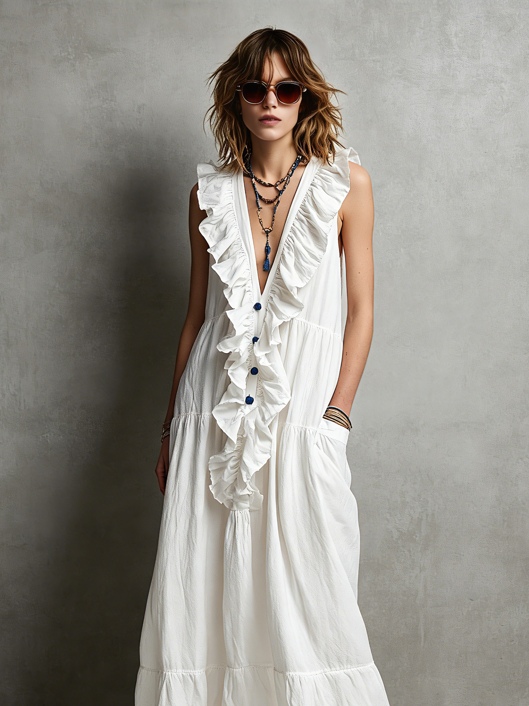 Women's Casual White Cotton-Linen Maxi Dress — V-Neck, Ruffled, Sleeveless MDZ2418D0LXY