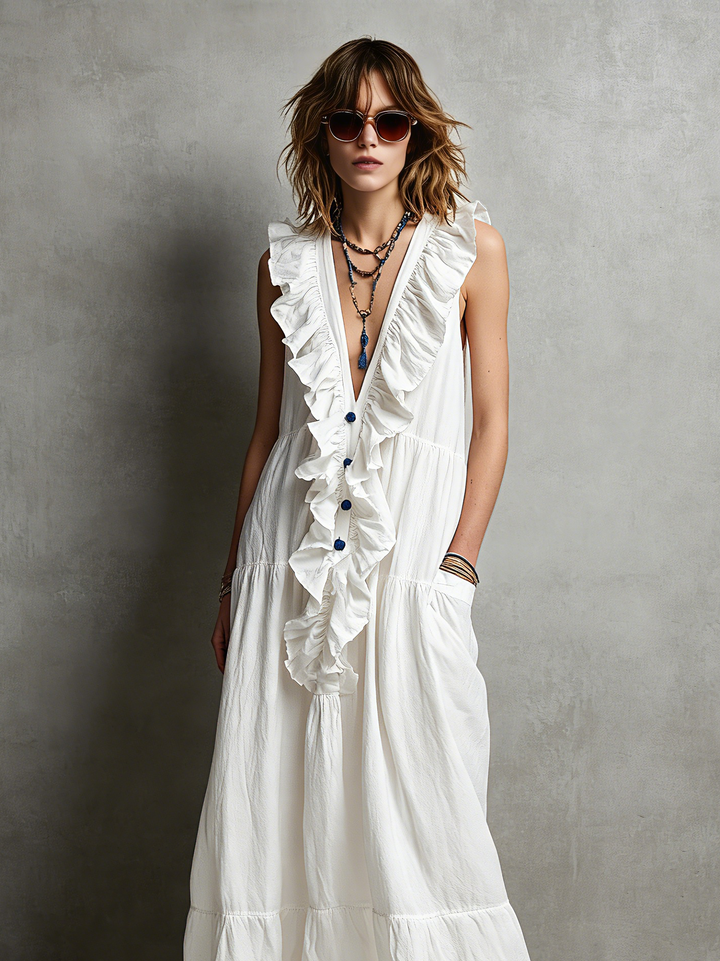 Women's Casual White Cotton-Linen Maxi Dress — V-Neck, Ruffled, Sleeveless MDZ2418D0LXY