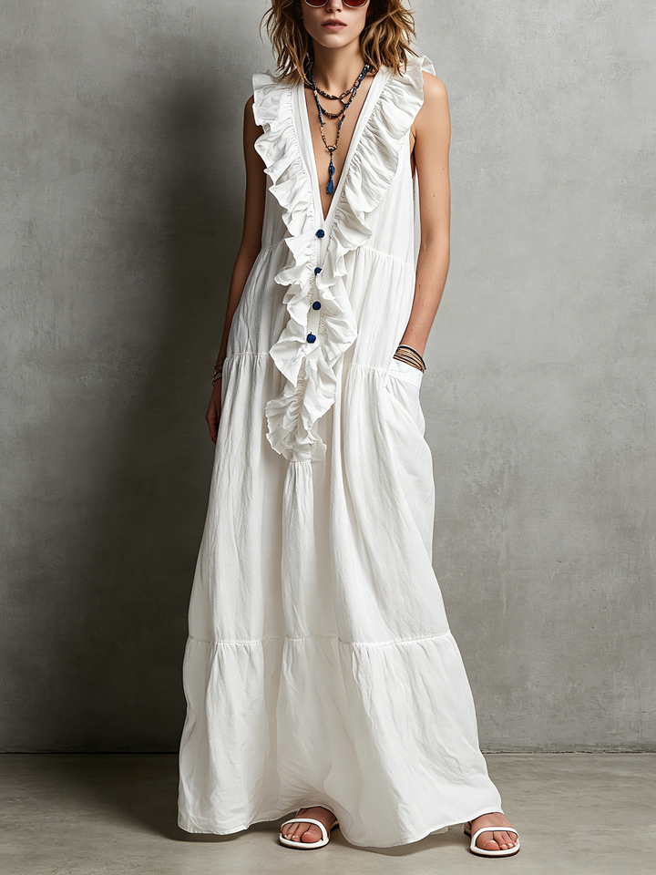 Women's Casual White Cotton-Linen Maxi Dress — V-Neck, Ruffled, Sleeveless MDZ2418D0LXY