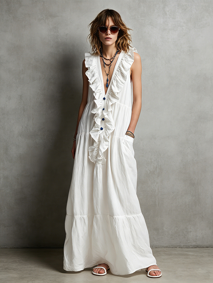 Women's Casual White Cotton-Linen Maxi Dress — V-Neck, Ruffled, Sleeveless MDZ2418D0LXY
