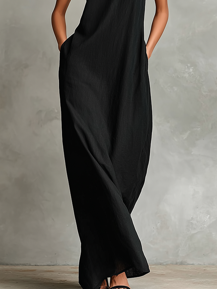 Women's Black Linen-Blend Maxi Dress With High Neck & Side Pockets, Timeless Minimalist Casual Dress MDZ2597D7LYL