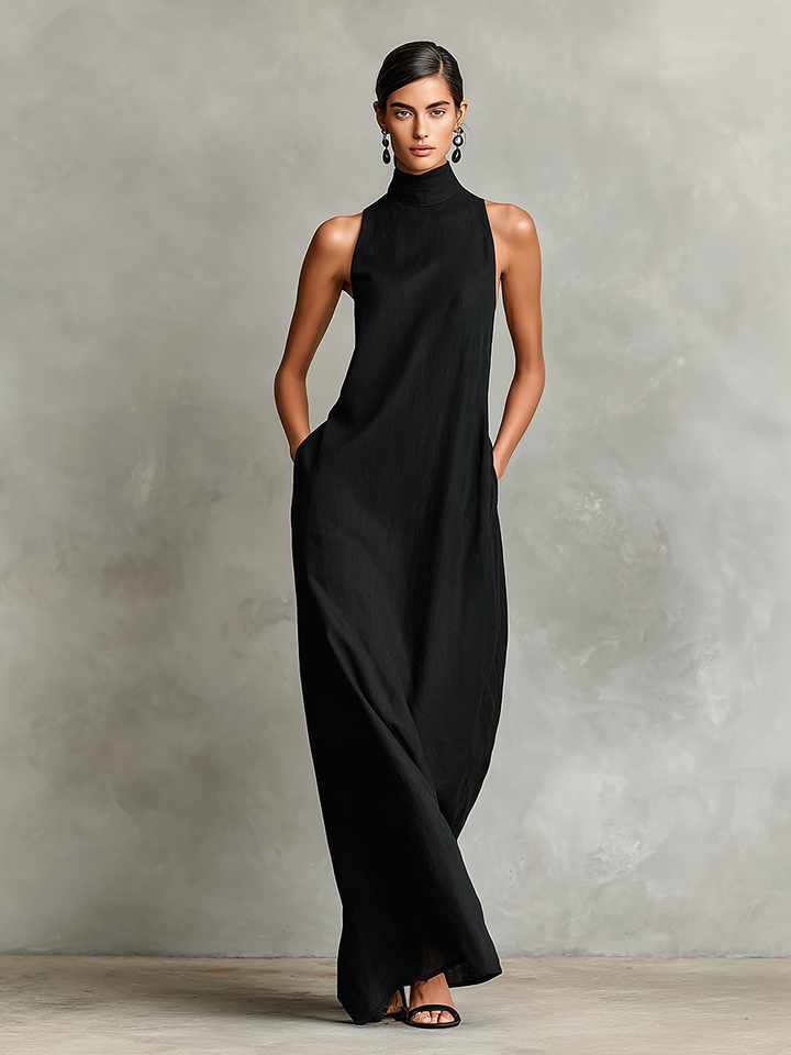 Women's Black Linen-Blend Maxi Dress With High Neck & Side Pockets, Timeless Minimalist Casual Dress MDZ2597D7LYL