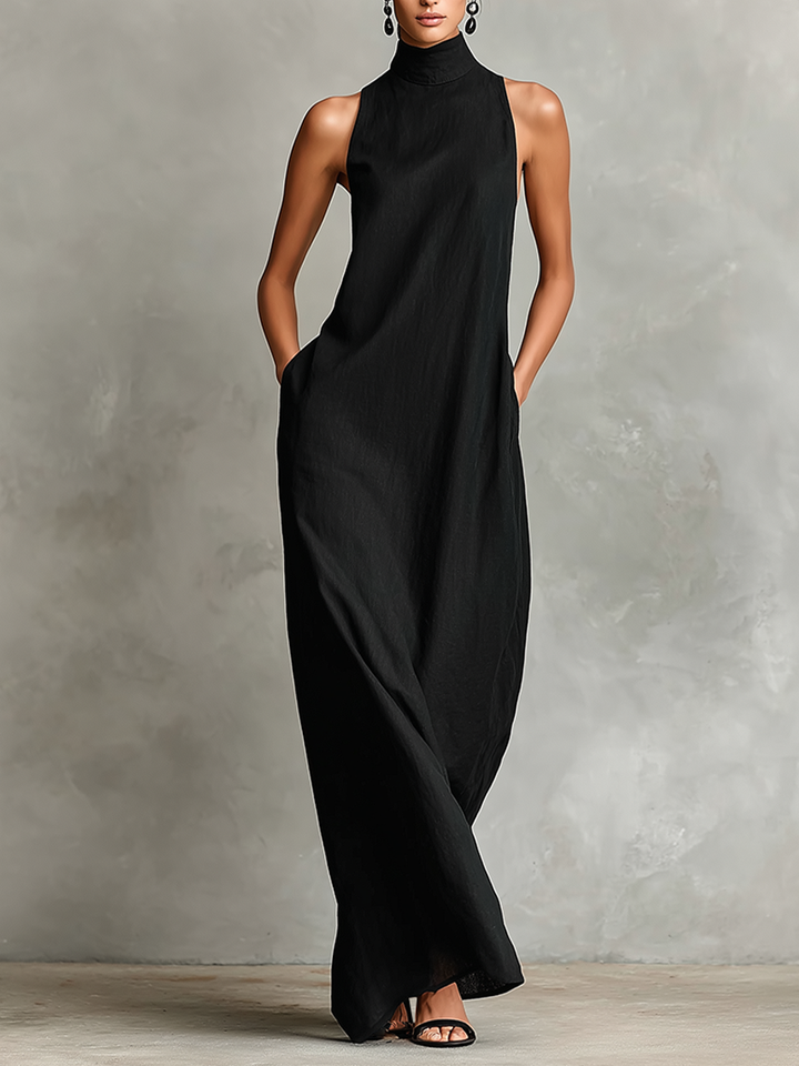 Women's Black Linen-Blend Maxi Dress With High Neck & Side Pockets, Timeless Minimalist Casual Dress MDZ2597D7LYL
