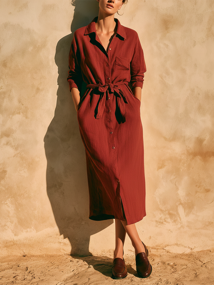 Women's Casual Retro Wine-Red Cotton-Linen Shirt Dress With Mid-Length Sleeves MDZ2512D1ZJW