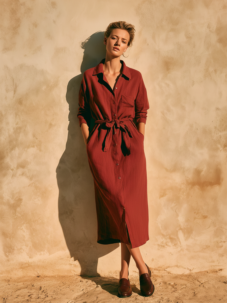 Women's Casual Retro Wine-Red Cotton-Linen Shirt Dress With Mid-Length Sleeves MDZ2512D1ZJW