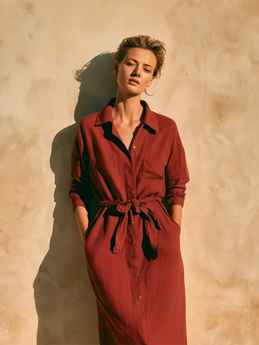Women's Casual Retro Wine-Red Cotton-Linen Shirt Dress With Mid-Length Sleeves MDZ2512D1ZJW