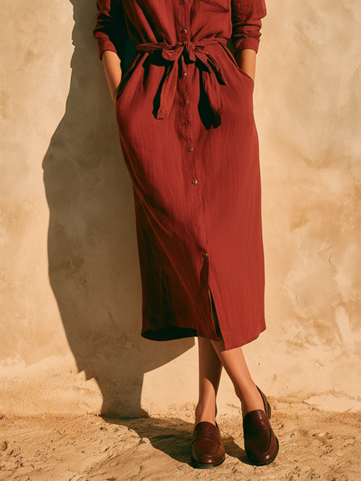 Women's Casual Retro Wine-Red Cotton-Linen Shirt Dress With Mid-Length Sleeves MDZ2512D1ZJW