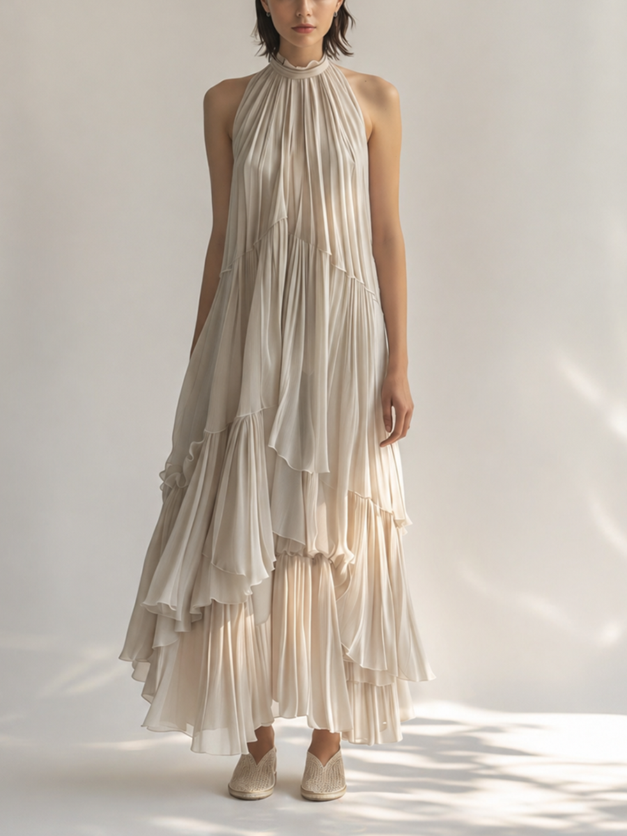 Women's Elegant & Minimalist Off-White Sleeveless Chiffon Maxi Dress — Ruffled Collar & Tiered Pleats MDZ2515D1ZJW