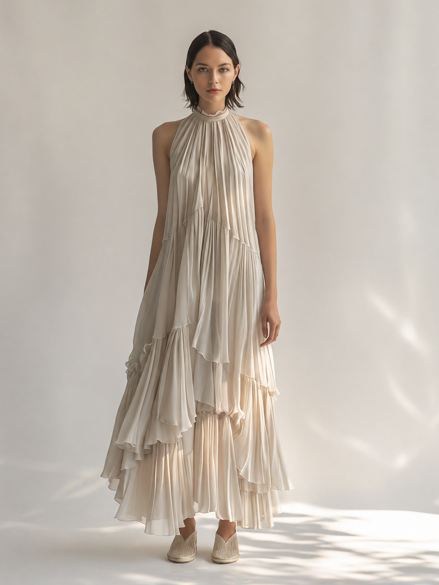 Women's Elegant & Minimalist Off-White Sleeveless Chiffon Maxi Dress — Ruffled Collar & Tiered Pleats MDZ2515D1ZJW