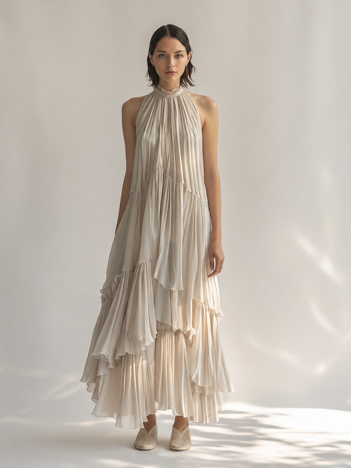 Women's Elegant & Minimalist Off-White Sleeveless Chiffon Maxi Dress — Ruffled Collar & Tiered Pleats MDZ2515D1ZJW