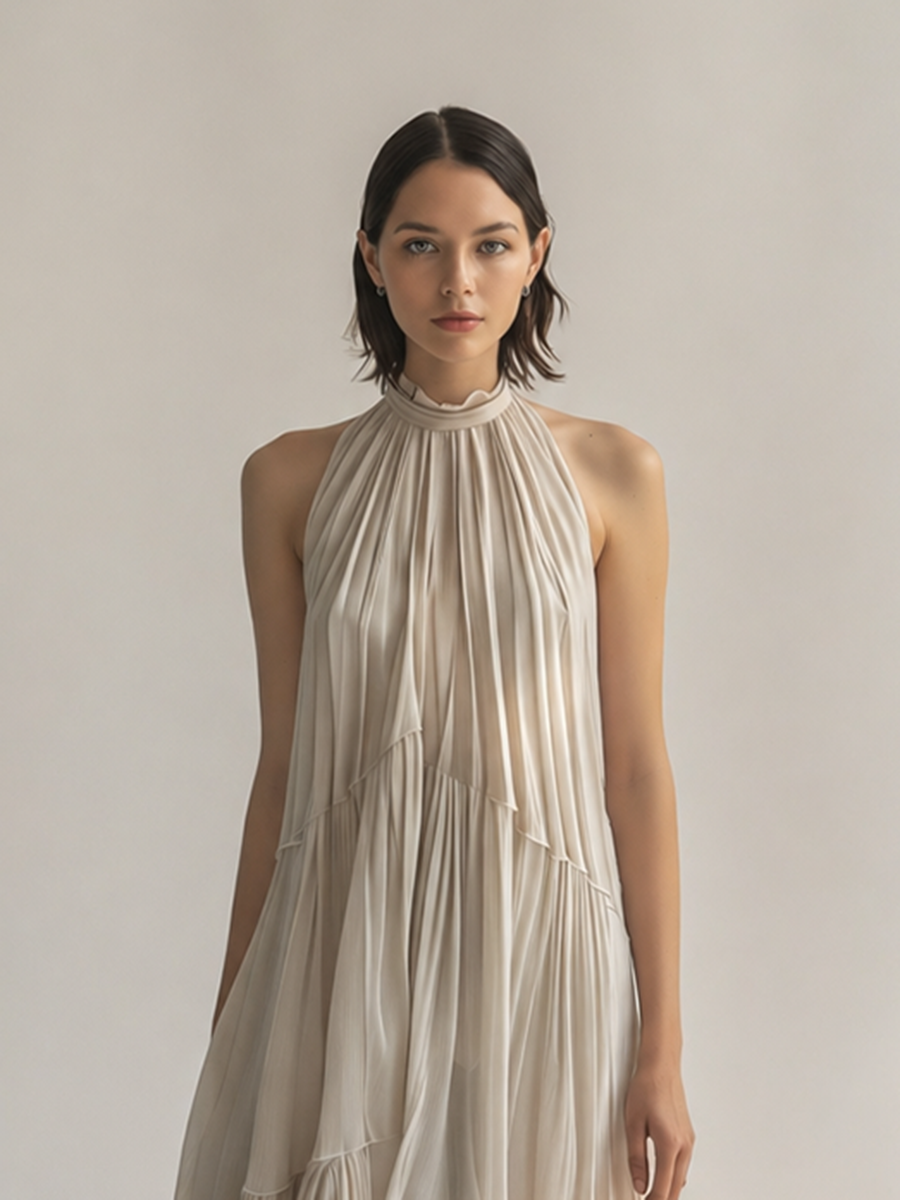 Women's Elegant & Minimalist Off-White Sleeveless Chiffon Maxi Dress — Ruffled Collar & Tiered Pleats MDZ2515D1ZJW