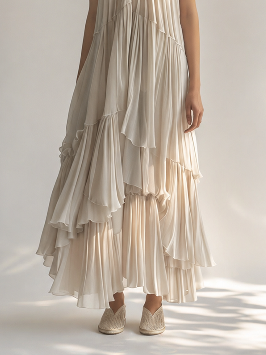 Women's Elegant & Minimalist Off-White Sleeveless Chiffon Maxi Dress — Ruffled Collar & Tiered Pleats MDZ2515D1ZJW