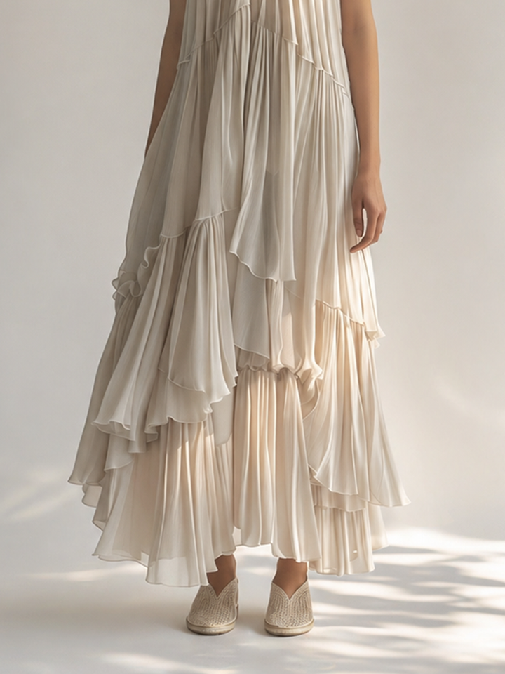 Women's Elegant & Minimalist Off-White Sleeveless Chiffon Maxi Dress — Ruffled Collar & Tiered Pleats MDZ2515D1ZJW