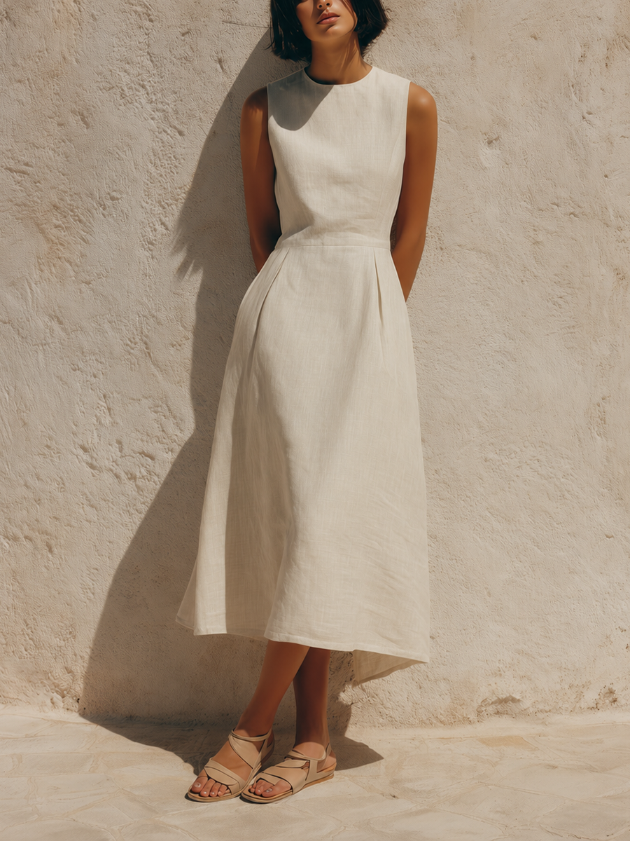 Women's Minimalist White Sleeveless A-Line Cotton-Linen Midi Dress MDZ2529D3ZJW