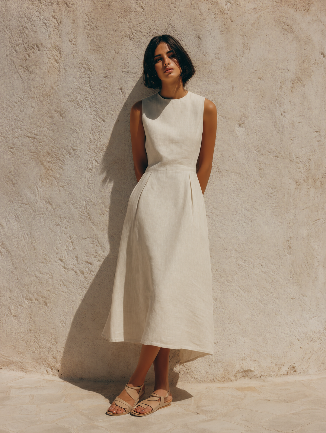 Women's Minimalist White Sleeveless A-Line Cotton-Linen Midi Dress MDZ2529D3ZJW