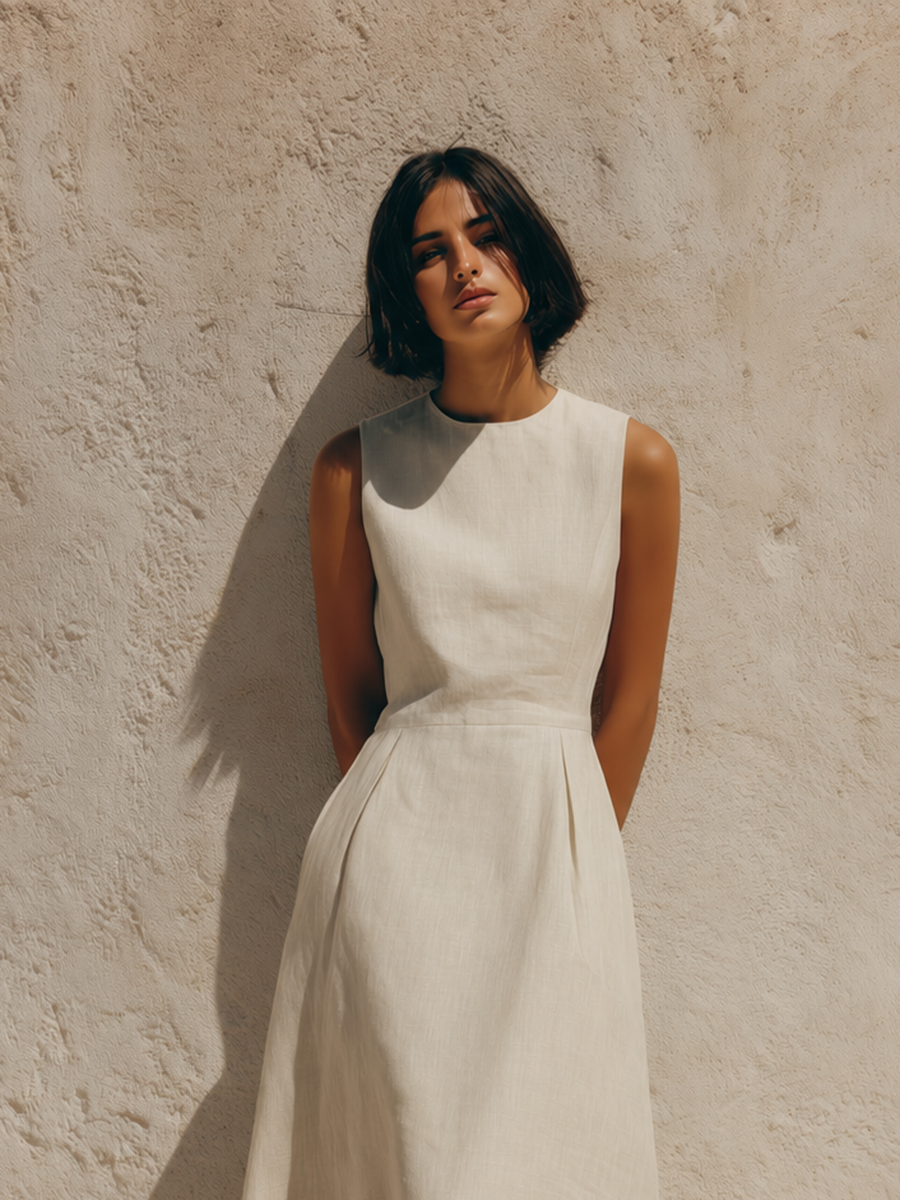 Women's Minimalist White Sleeveless A-Line Cotton-Linen Midi Dress MDZ2529D3ZJW