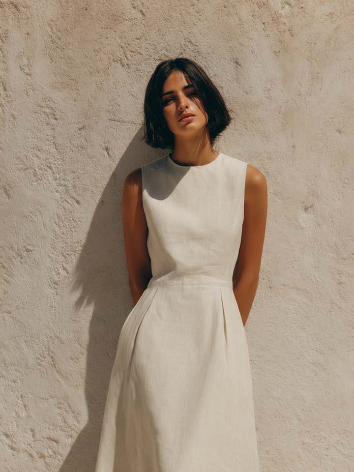 Women's Minimalist White Sleeveless A-Line Cotton-Linen Midi Dress MDZ2529D3ZJW