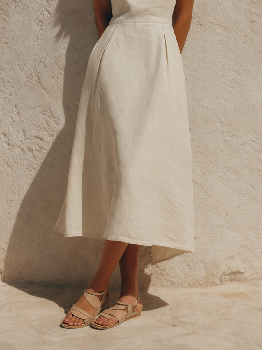 Women's Minimalist White Sleeveless A-Line Cotton-Linen Midi Dress MDZ2529D3ZJW