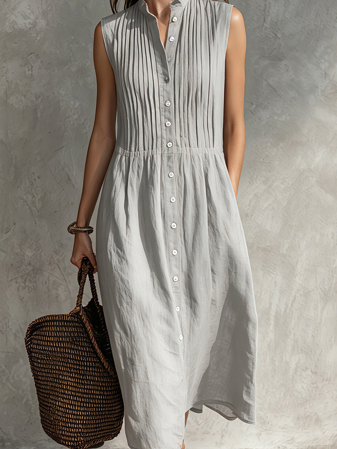 Women's Casual Grey Cotton-Linen Sleeveless Midi Dress With Round Neck MDZ2549D5LXY