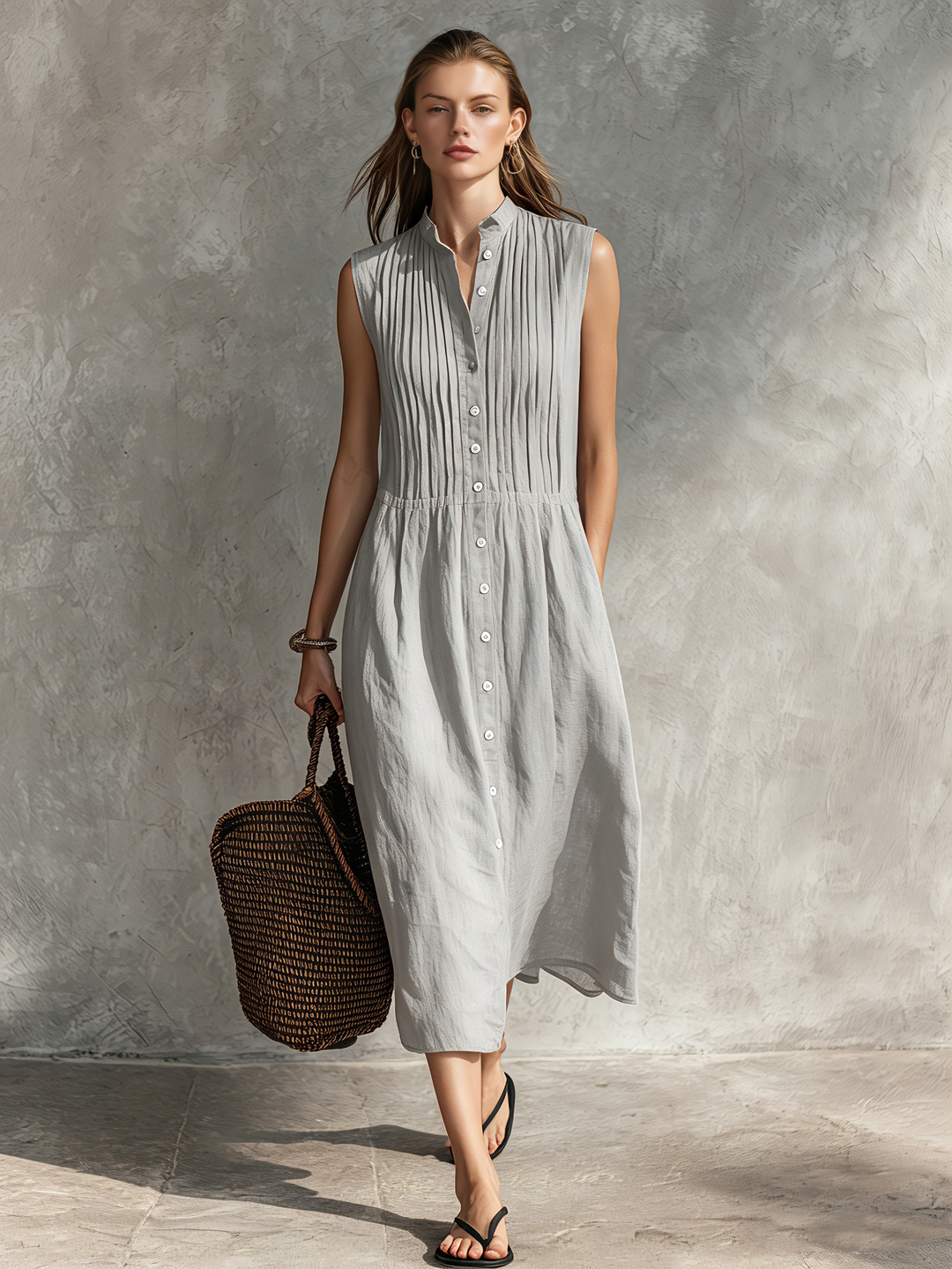Women's Casual Grey Cotton-Linen Sleeveless Midi Dress With Round Neck MDZ2549D5LXY