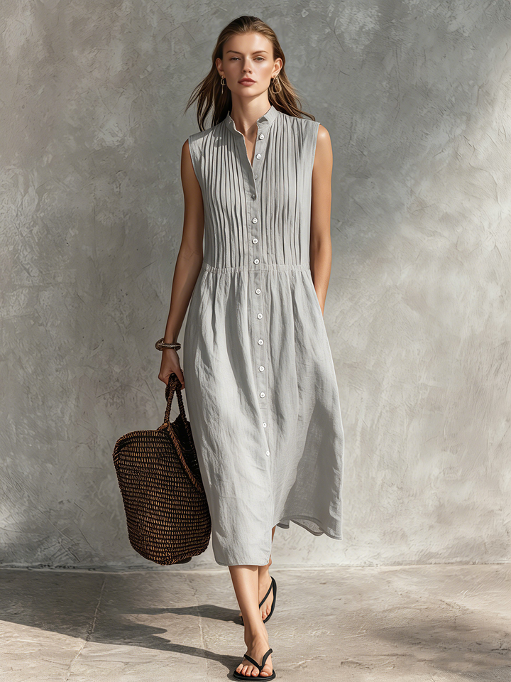 Women's Casual Grey Cotton-Linen Sleeveless Midi Dress With Round Neck MDZ2549D5LXY