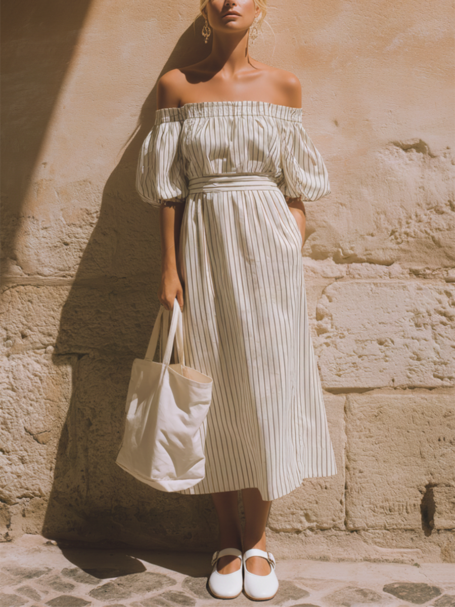 Women's Casual Retro-Elegant Striped Off-Shoulder Short-Sleeve Midi Dress MDZ2522D6ZJW