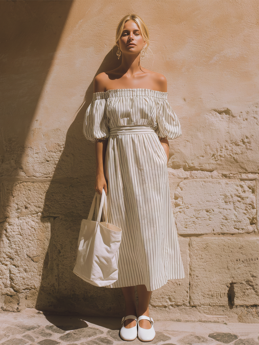 Women's Casual Retro-Elegant Striped Off-Shoulder Short-Sleeve Midi Dress MDZ2522D6ZJW