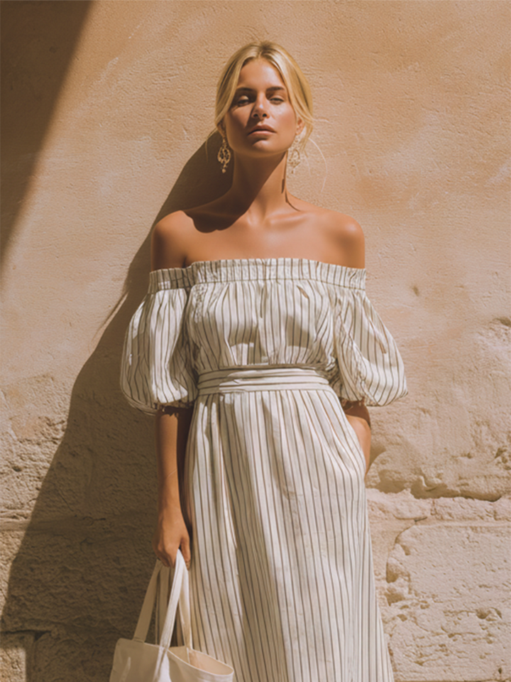 Women's Casual Retro-Elegant Striped Off-Shoulder Short-Sleeve Midi Dress MDZ2522D6ZJW