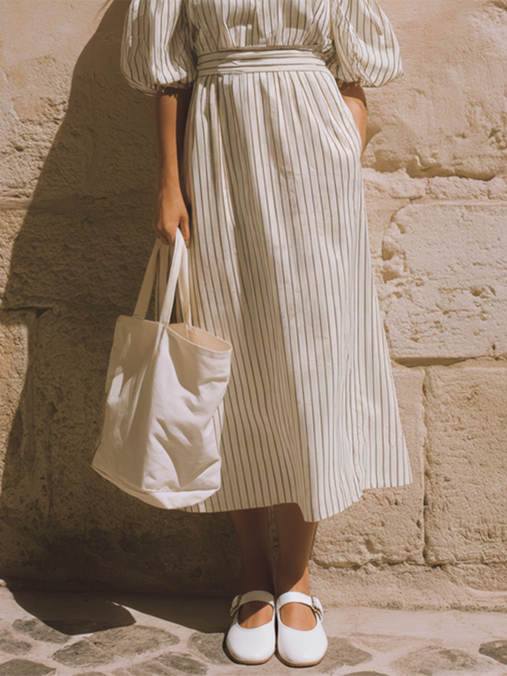 Women's Casual Retro-Elegant Striped Off-Shoulder Short-Sleeve Midi Dress MDZ2522D6ZJW