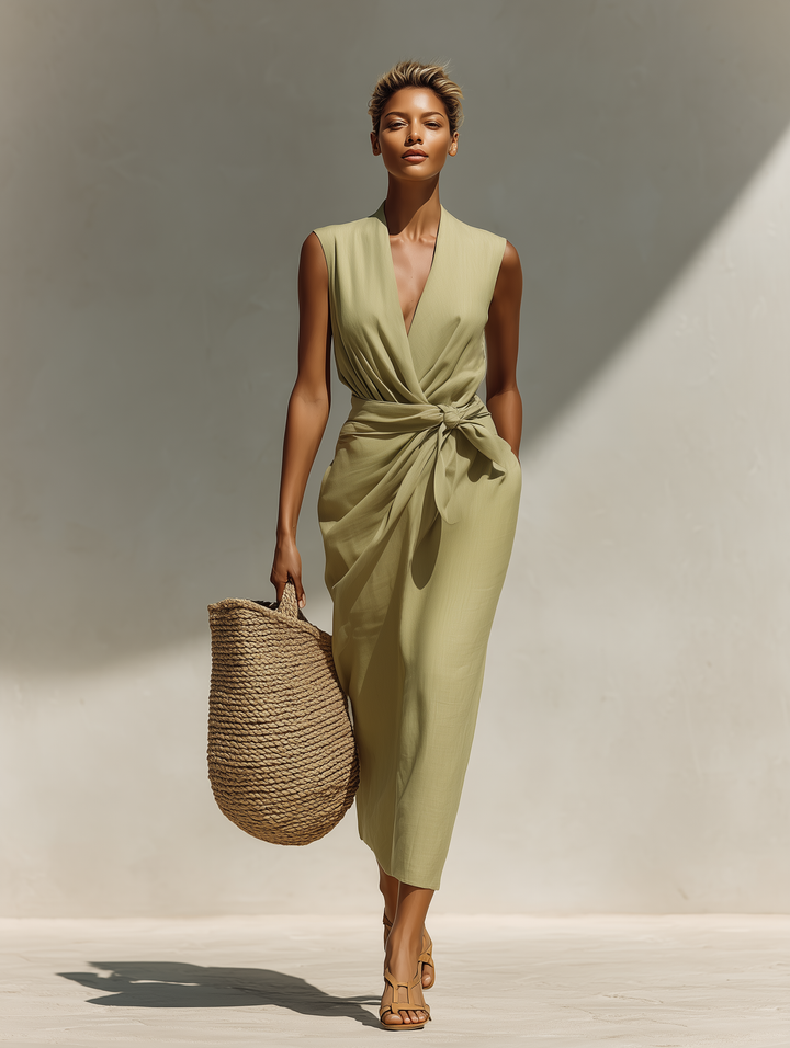Women’s Sage Green Linen-Blend Sleeveless Wrap-Front Tie Waist Midi Dress With Pockets MDZ2721D2T