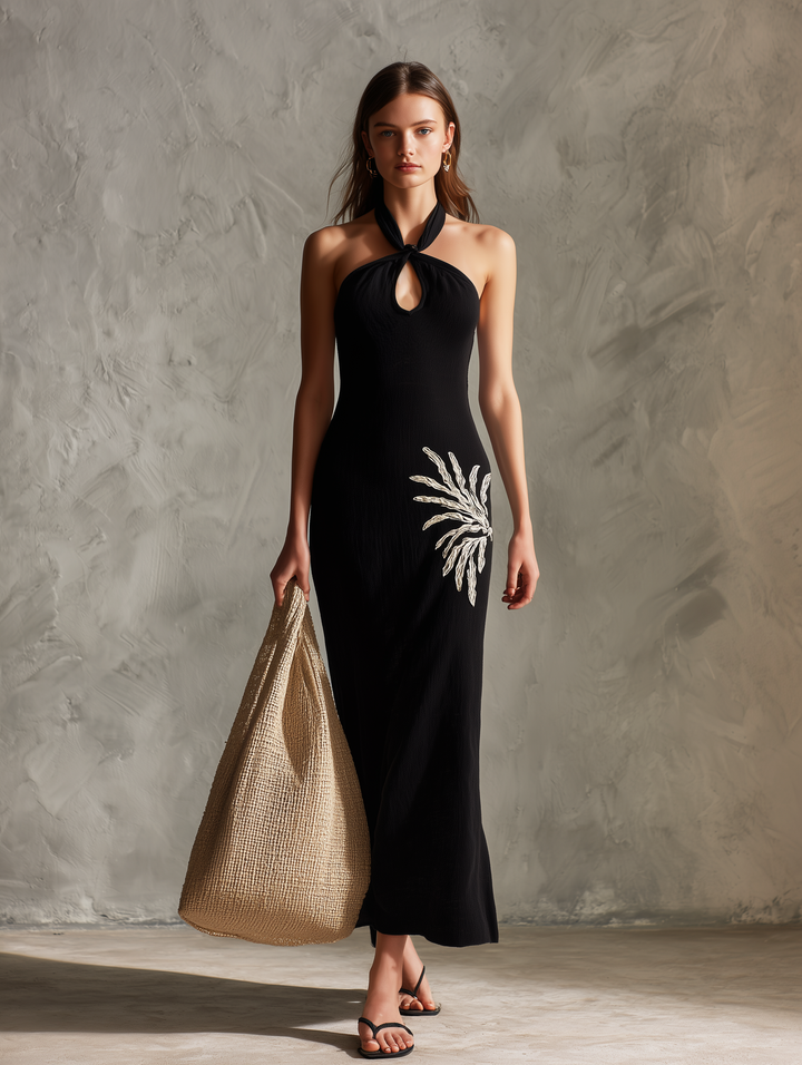 Women's Casual Black Cotton-Linen Halter-Neck Sleeveless Maxi Dress With White Embroidery MDZ2786D6LXY