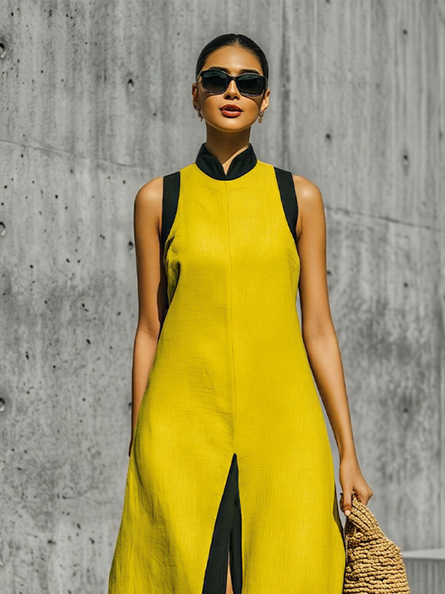 Women's Yellow Linen-Blend Maxi Dress With Contrast Black Trim & High Slit, Women's Citron Linen Dress MDZ2766D3LYL