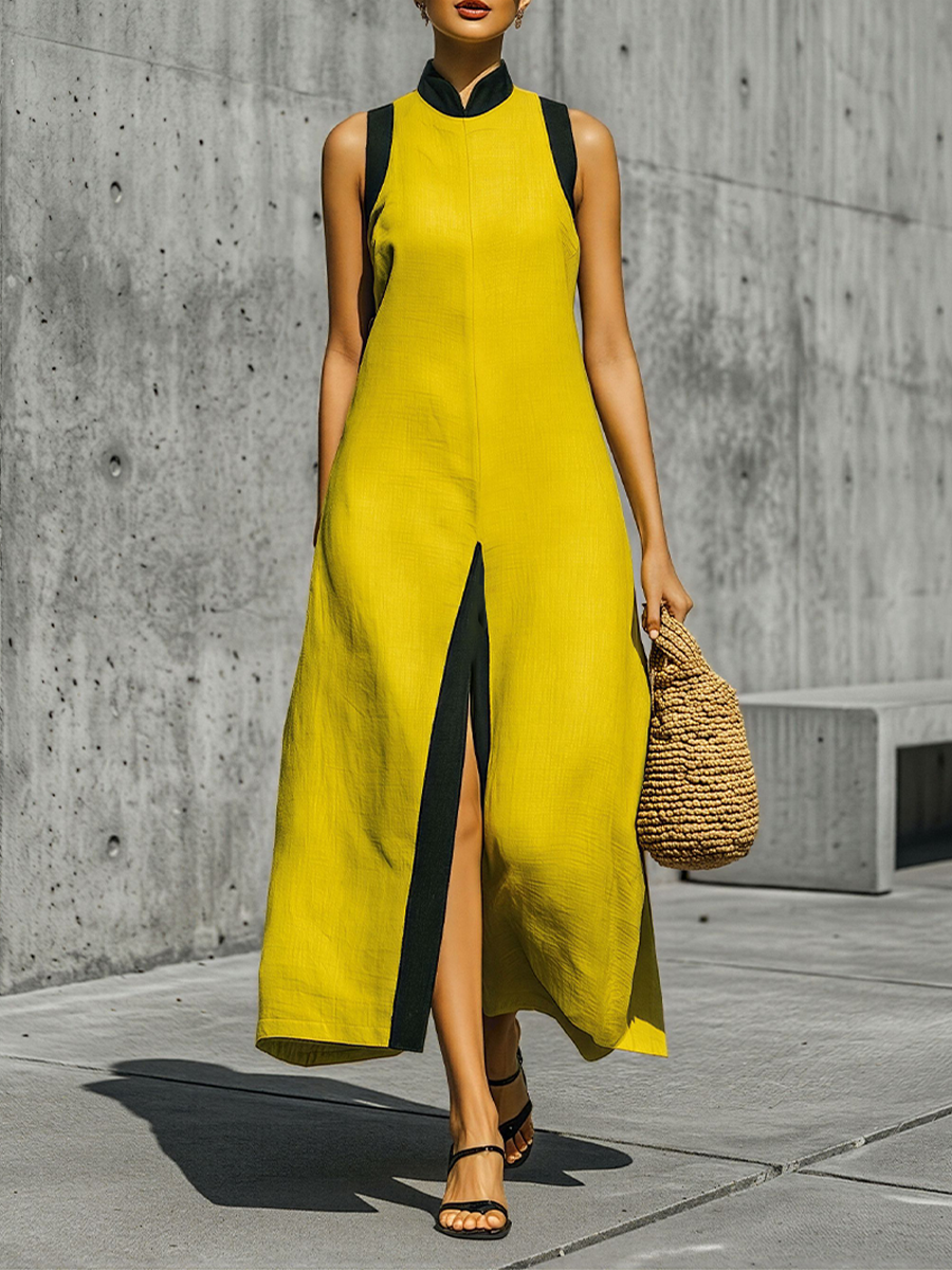 Women's Yellow Linen-Blend Maxi Dress With Contrast Black Trim & High Slit, Women's Citron Linen Dress MDZ2766D3LYL