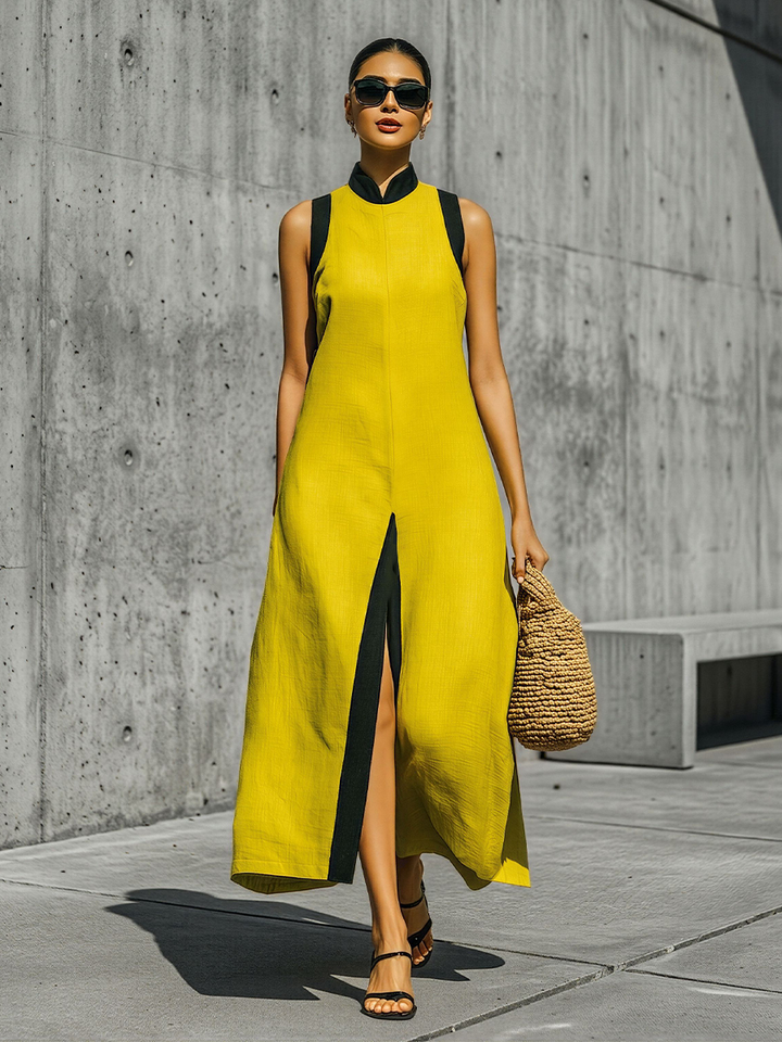 Women's Yellow Linen-Blend Maxi Dress With Contrast Black Trim & High Slit, Women's Citron Linen Dress MDZ2766D3LYL