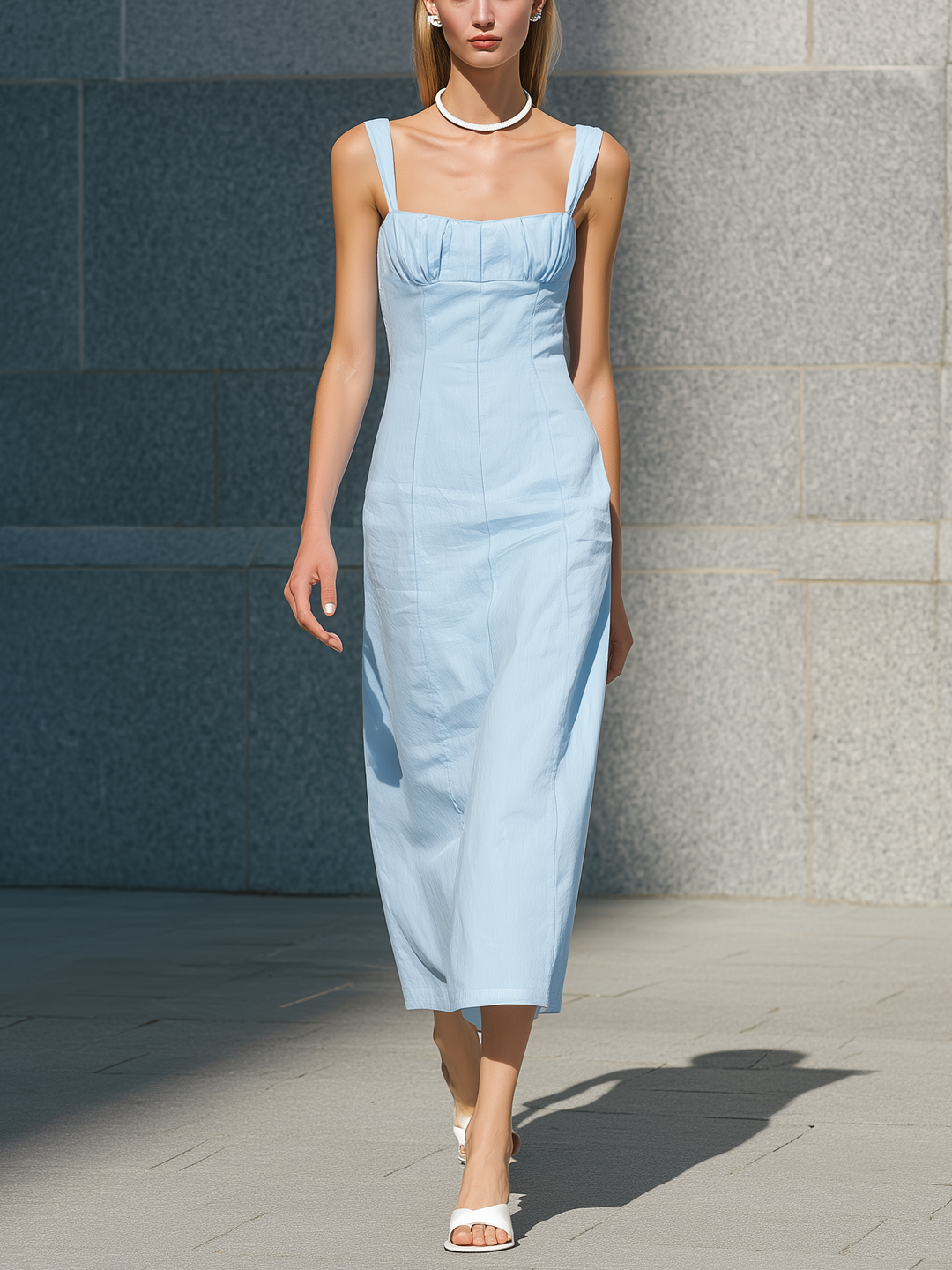 Women's Casual Light Blue Woven Sleeveless Maxi Dress With Spaghetti Straps MDZ2798D7LXY