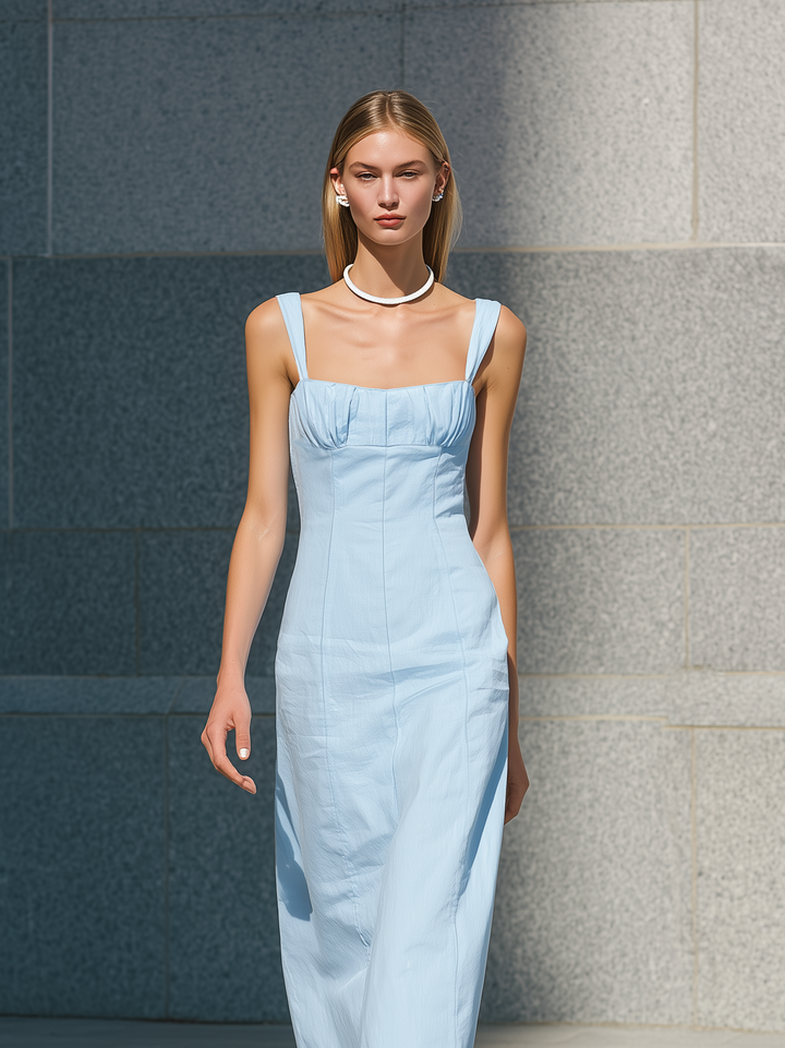 Women's Casual Light Blue Woven Sleeveless Maxi Dress With Spaghetti Straps MDZ2798D7LXY
