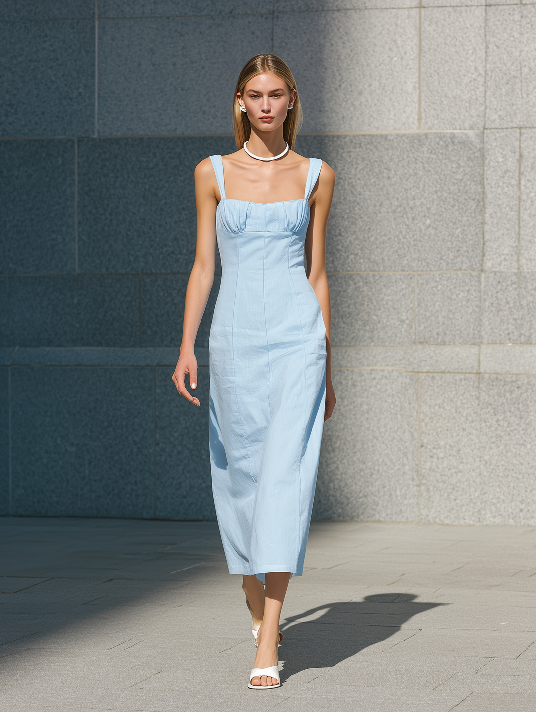 Women's Casual Light Blue Woven Sleeveless Maxi Dress With Spaghetti Straps MDZ2798D7LXY