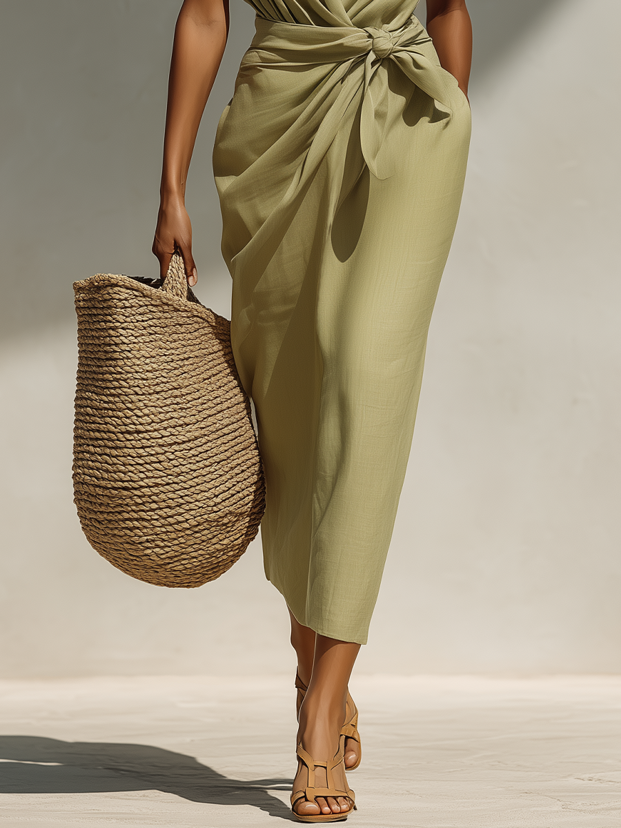 Women’s Sage Green Linen-Blend Sleeveless Wrap-Front Tie Waist Midi Dress With Pockets MDZ2721D2T