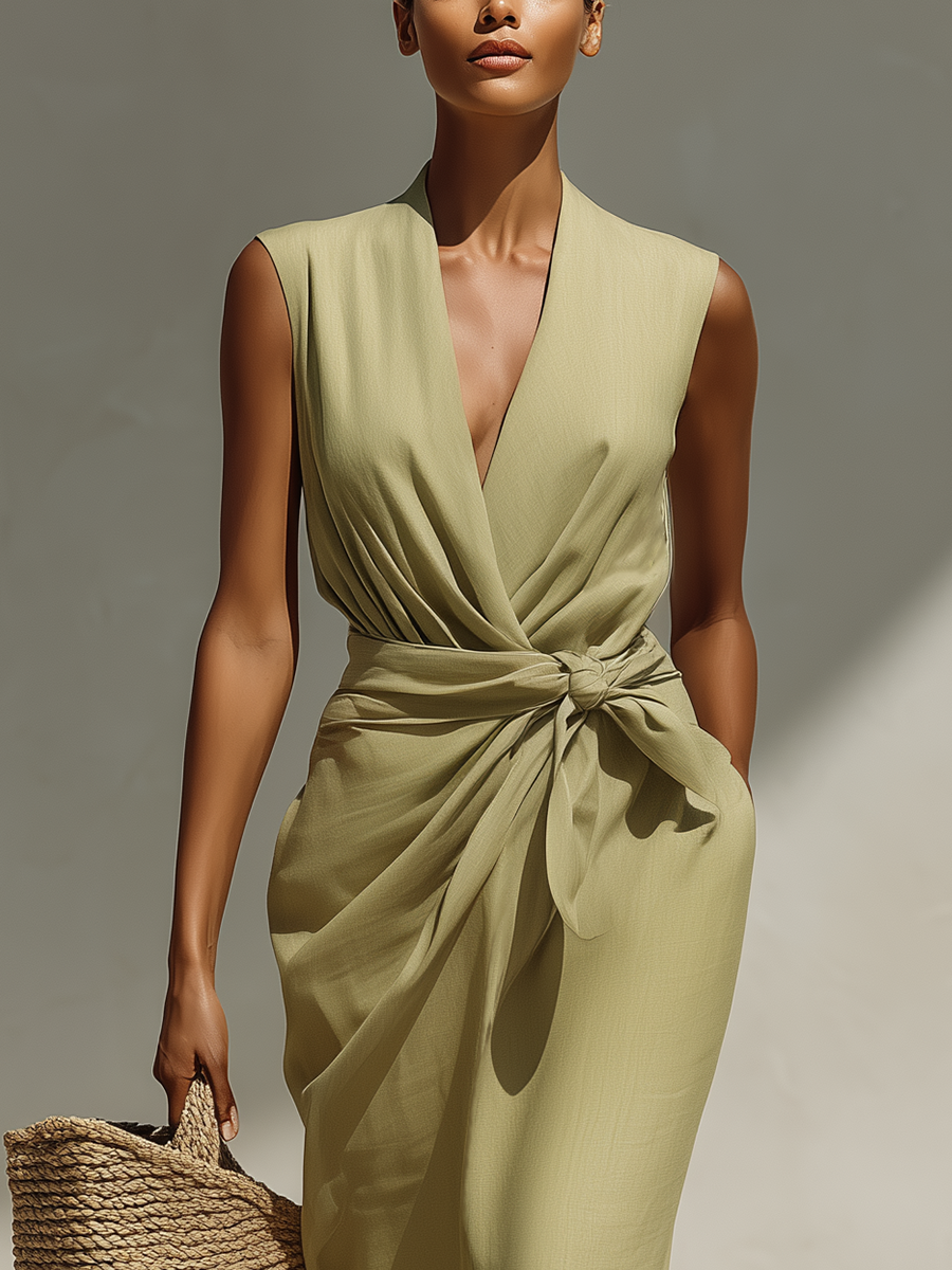 Women’s Sage Green Linen-Blend Sleeveless Wrap-Front Tie Waist Midi Dress With Pockets MDZ2721D2T