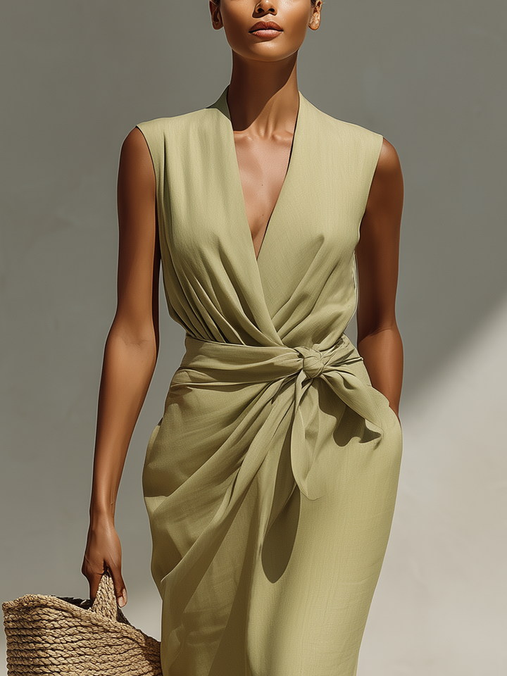 Women’s Sage Green Linen-Blend Sleeveless Wrap-Front Tie Waist Midi Dress With Pockets MDZ2721D2T