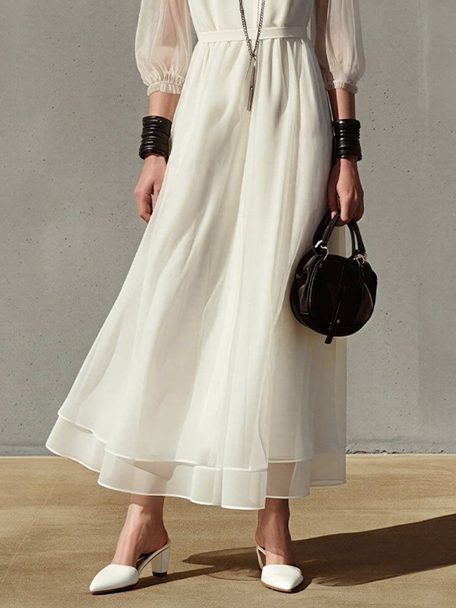 Women's Off-White Chiffon Maxi Dress With Sheer Balloon Sleeves & Waist Tie, Timeless Elegant Formal Dress MDZ2768D2LYL