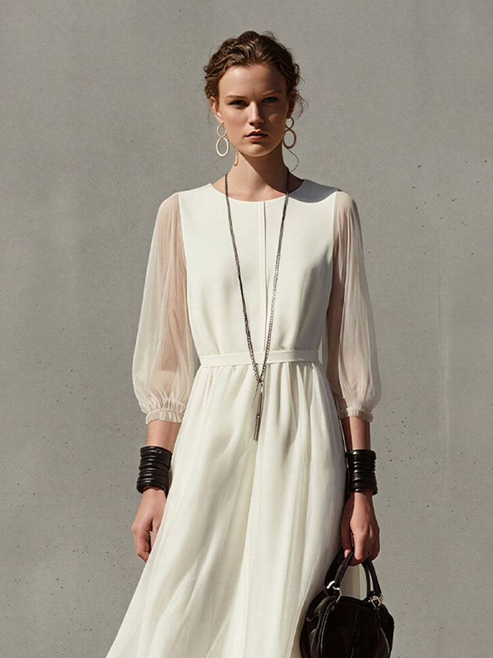 Women's Off-White Chiffon Maxi Dress With Sheer Balloon Sleeves & Waist Tie, Timeless Elegant Formal Dress MDZ2768D2LYL