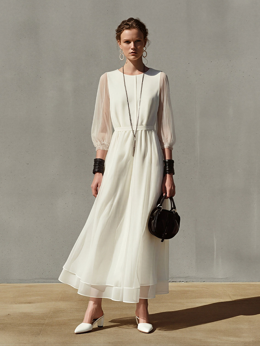 Women's Off-White Chiffon Maxi Dress With Sheer Balloon Sleeves & Waist Tie, Timeless Elegant Formal Dress MDZ2768D2LYL