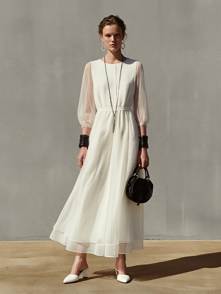Women's Off-White Chiffon Maxi Dress With Sheer Balloon Sleeves & Waist Tie, Timeless Elegant Formal Dress MDZ2768D2LYL