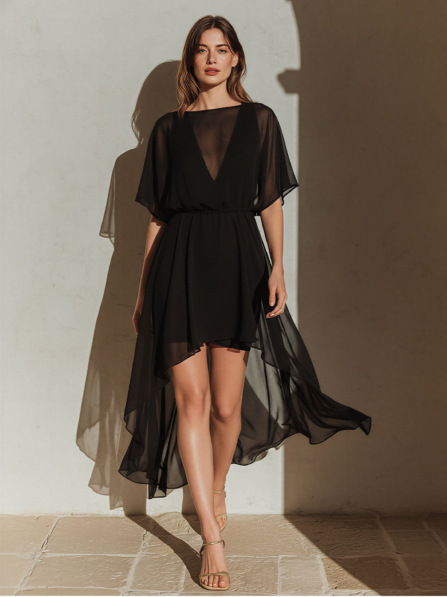Women’s Black Sheer Chiffon High-Low Dress With Dolman Sleeves & Lining MDZ2795D7T