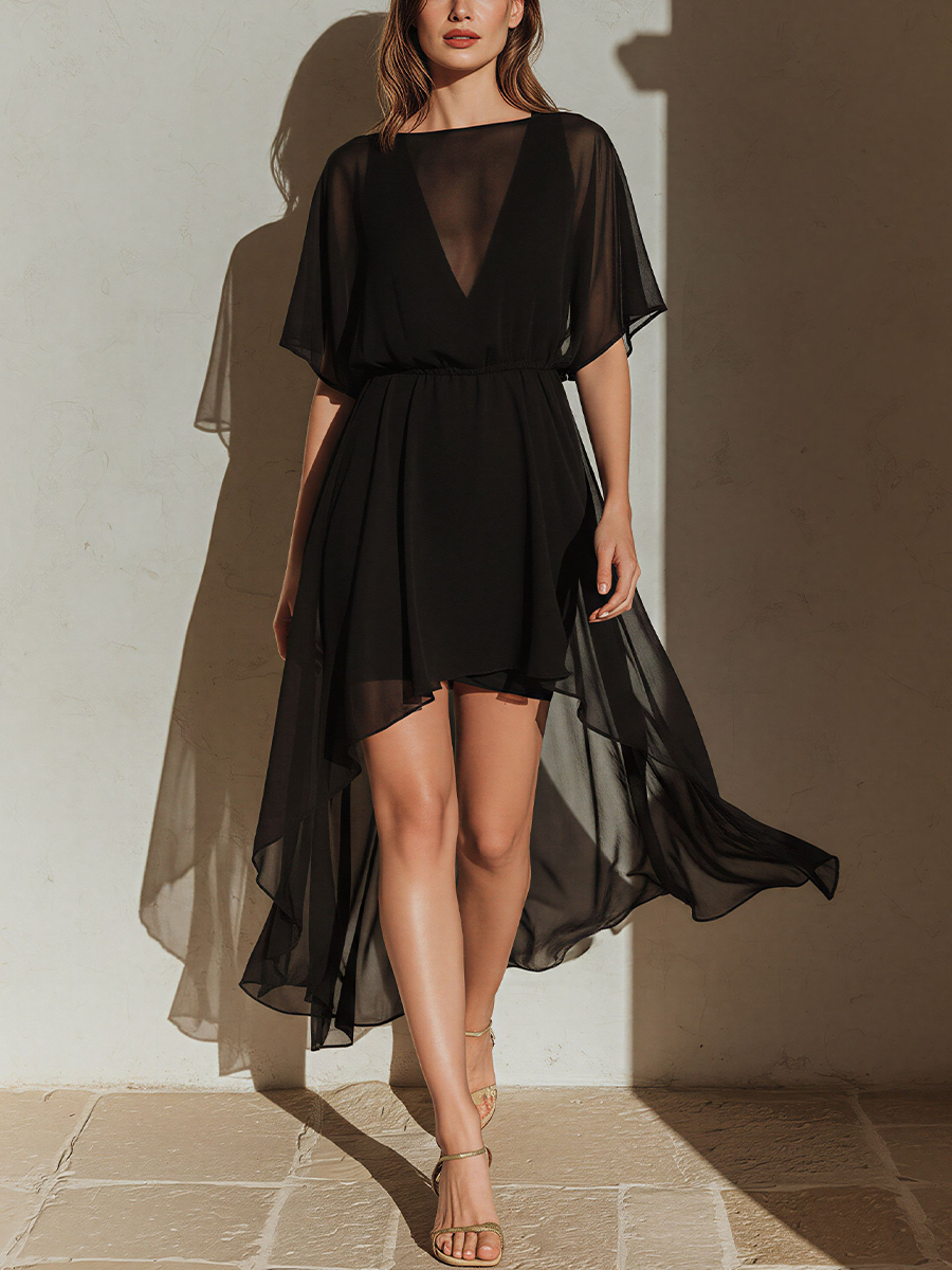 Women’s Black Sheer Chiffon High-Low Dress With Dolman Sleeves & Lining MDZ2795D7T