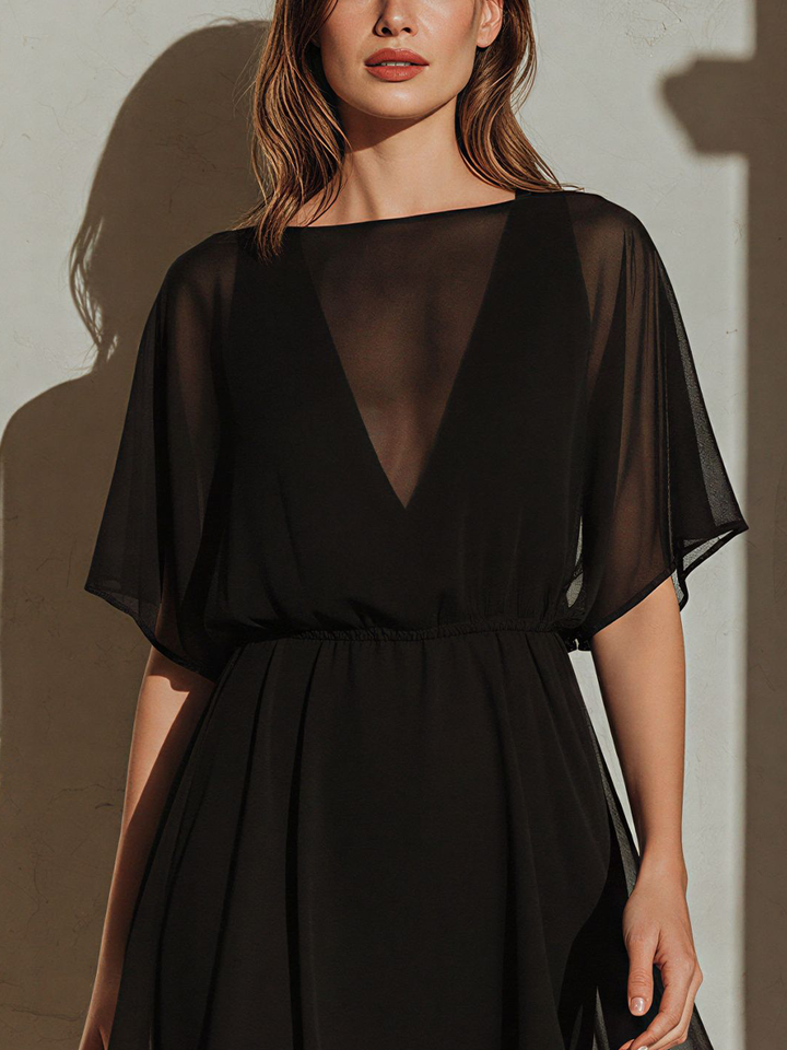 Women’s Black Sheer Chiffon High-Low Dress With Dolman Sleeves & Lining MDZ2795D7T